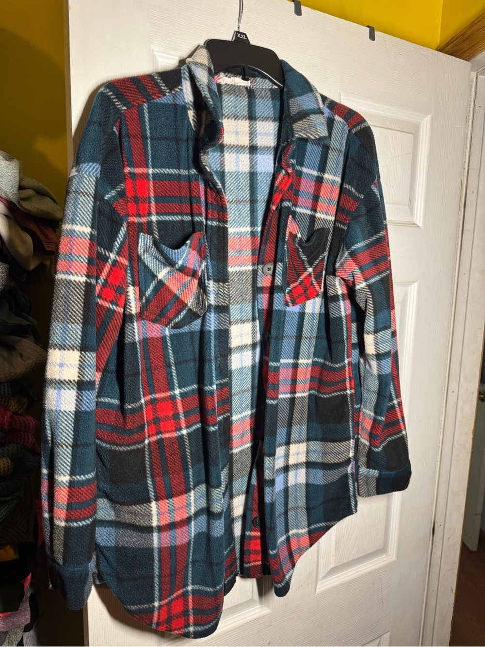 Maurices Teal, Red & White Plaid Fleece Button-Down Shirt Jacket